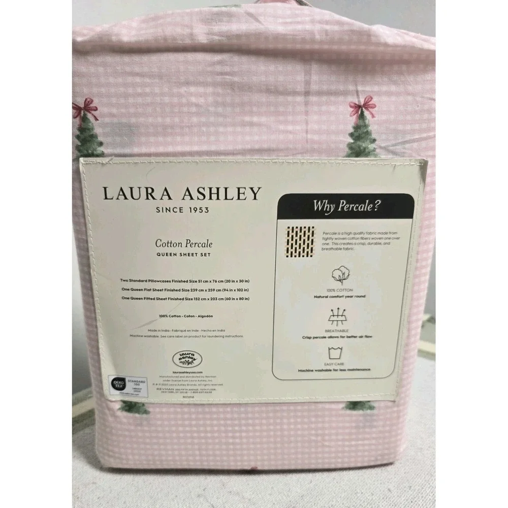 Laura Ashley 100% Cotton Percale QUEEN Sheet set Red Christmas Tree Bow‎ Holiday